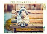 CALVENDO Puzzle Schaf schläft mit Kopfhörern auf Parkbank | 1000 Teile Lege-Größe 64x48cm Foto-Puzzle für glückliche Stunden Spiel