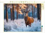 CALVENDO Puzzle Ein stolzer Hirsch steht im verschneiten Winterwald und wird vom warmen Licht der aufgehenden Sonne erleuchtet. | 1000 Teile Lege-Größe 64x48cm Foto-Puzzle für glückliche Stunden Spiel