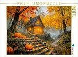 CALVENDO Puzzle Herbst Cottage im bunten Wald mit Kürbis und Fuchs | 1000 Teile Lege-Größe 64x48cm Foto-Puzzle für glückliche Stunden Spiel