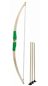 BestSaller 1274 - Kinder-Bogen mit Loch inkl. 3 Pfeilen, Buchenholz, 80cm, Holz-Bogen, Griff mit grüner Kunststoffwickelung Spiel