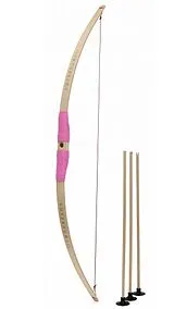 BestSaller 1275 - Kinder-Bogen mit Loch inkl. 3 Pfeilen, Buchenholz, 80cm, Holz-Bogen, Griff mit pinker Kunststoffwickelung Spiel