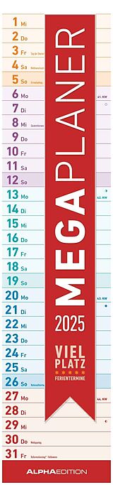 Kalender Megaplaner 2025 - Streifen-Kalender 15x64 cm - mit Ferienterminen - viel Platz für Notizen - Wandplaner - Küchenkalender - Alpha Edition von 