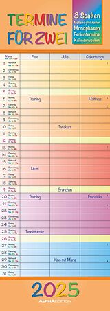 Kalender Alpha Edition - Regenbogen 2025 Familienplaner für 2, 15x42,cm, Familienkalender mit 3 Spalten für Termine und Notizmöglichkeiten, Mondphasen und Ferientermine DE/AT/CH von 