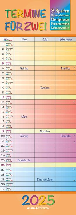 Kalender Alpha Edition - Regenbogen 2025 Familienplaner für 2, 15x42,cm, Familienkalender mit 3 Spalten für Termine und Notizmöglichkeiten, Mondphasen und Ferientermine DE/AT/CH von 