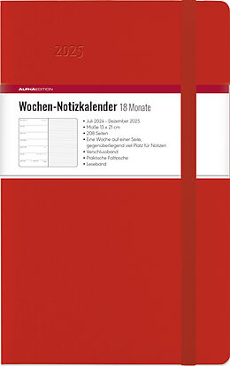 Wochen Notizkalender 18 Monate groß Red 2025 - Taschen-Kalender 13x21 cm - mit Verschlussband 