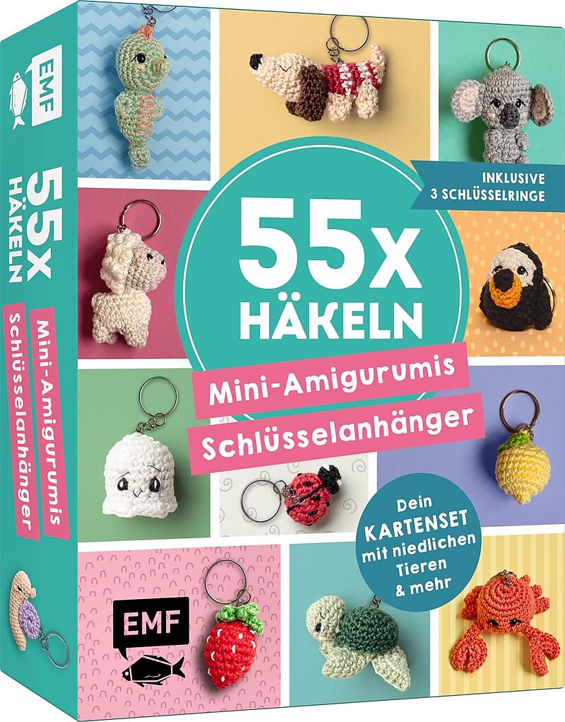55 x häkeln  Mini-Amigurumis Schlüsselanhänger: Dein Kartenset mit niedlichen Tieren & mehr