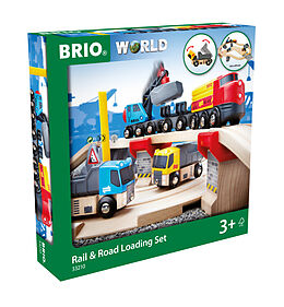 BRIO World 33210 Straßen & Schienen Steinverlade Set  Inklusive Frachtlok mit Kranwagen, zwei LKWs und Straßenplatten  Geeignet für Kinder ab 3 Jahren Spiel