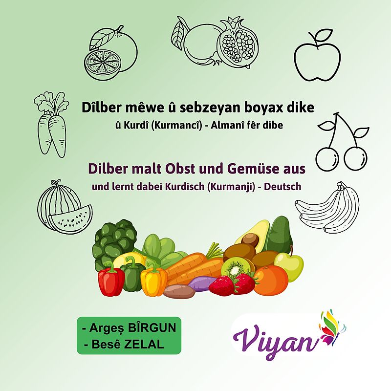 Dîlber mêwe û sebzeyan boyax dike û Kurdî (Kurmancî) - Almanî fêr dibe