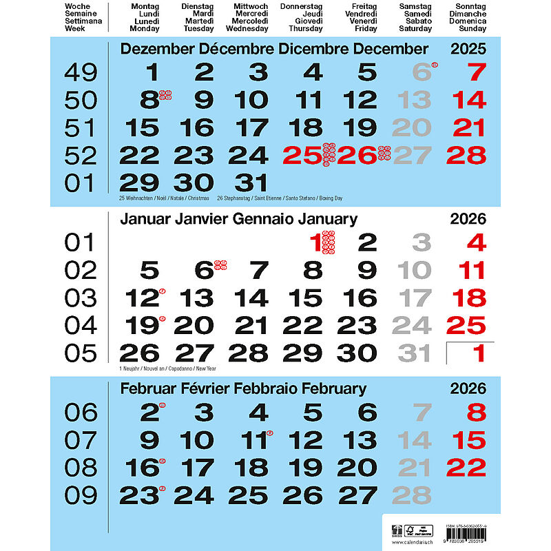 3-Monats-Kalender blau 2026
