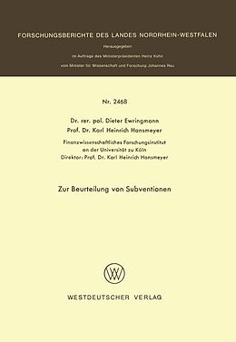 E-Book (pdf) Zur Beurteilung von Subventionen von Dieter Ewringmann