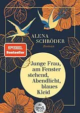 Kartonierter Einband Junge Frau, am Fenster stehend, Abendlicht, blaues Kleid von Alena Schröder