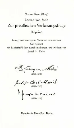 E-Book (pdf) Zur preußischen Verfassungsfrage. Reprint. Hrsg. von Norbert Simon. von Lorenz von Stein