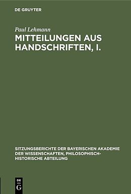 Fester Einband Mitteilungen aus Handschriften, I. von Paul Lehmann
