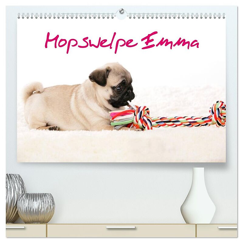 Mopswelpe Emma (hochwertiger Premium Wandkalender 2026 DIN A2 quer), Kunstdruck in Hochglanz
