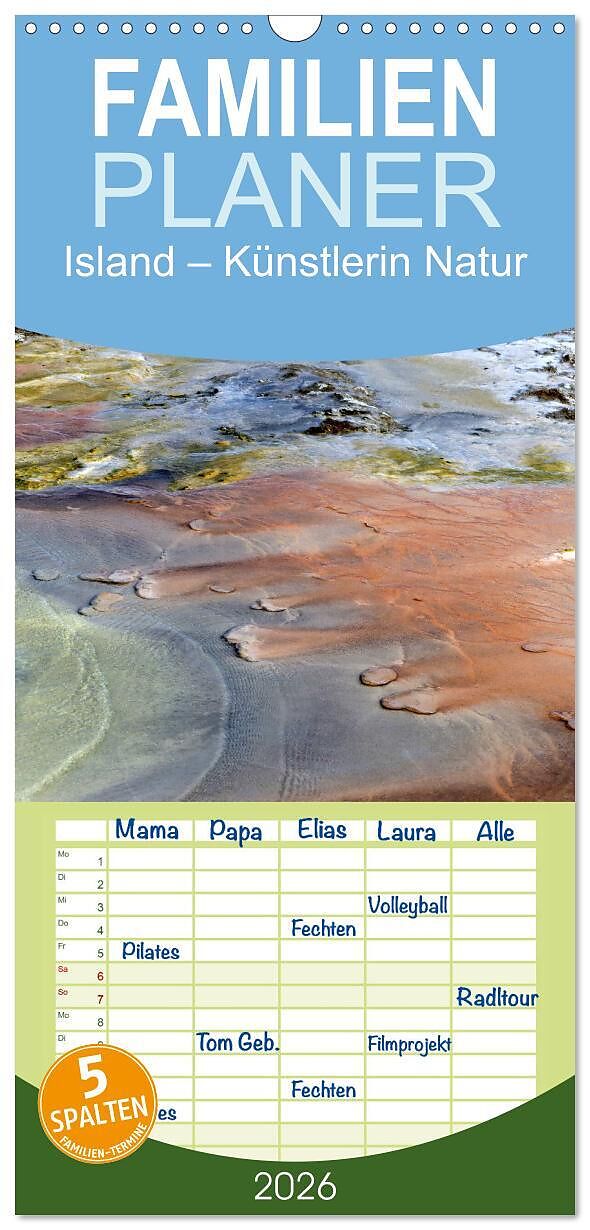 Familienplaner 2026 - Island  Künstlerin Natur mit 5 Spalten (Wandkalender, 21 x 45 cm) CALVENDO