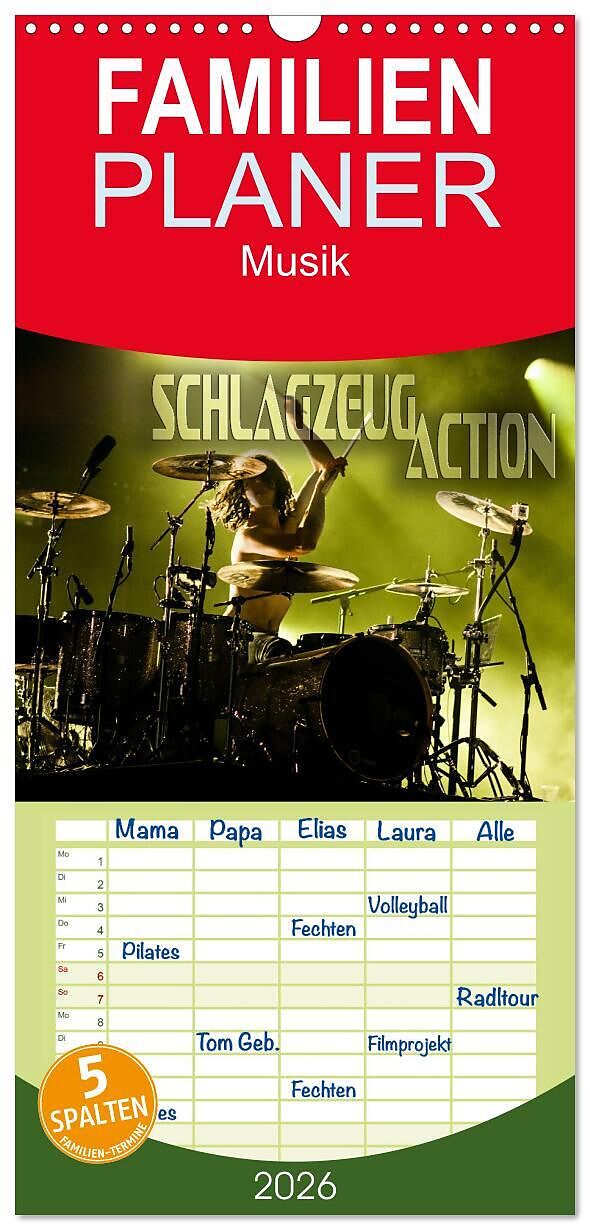 Familienplaner 2026 - Schlagzeug Action mit 5 Spalten (Wandkalender, 21 x 45 cm) CALVENDO