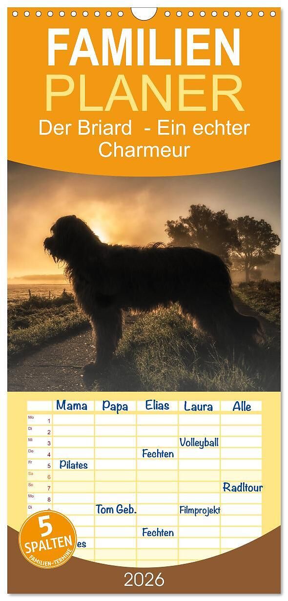 Familienplaner 2026 - Der Briard - Ein echter Charmeur mit 5 Spalten (Wandkalender, 21 x 45 cm) CALVENDO