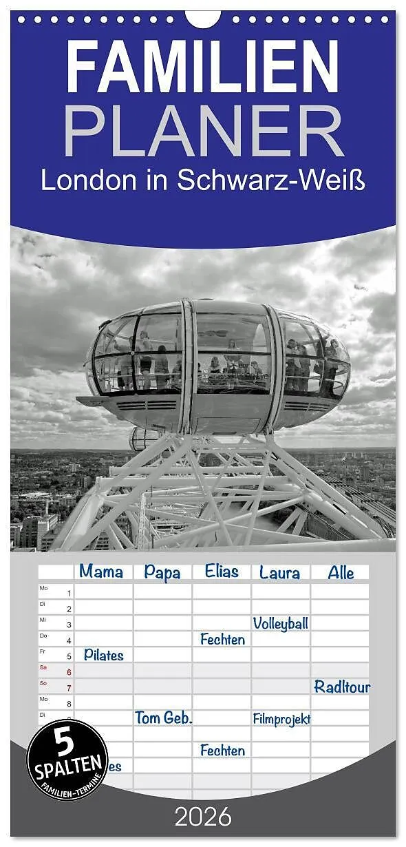 Familienplaner 2026 - London in Schwarz-Weiß mit 5 Spalten (Wandkalender, 21 x 45 cm) CALVENDO