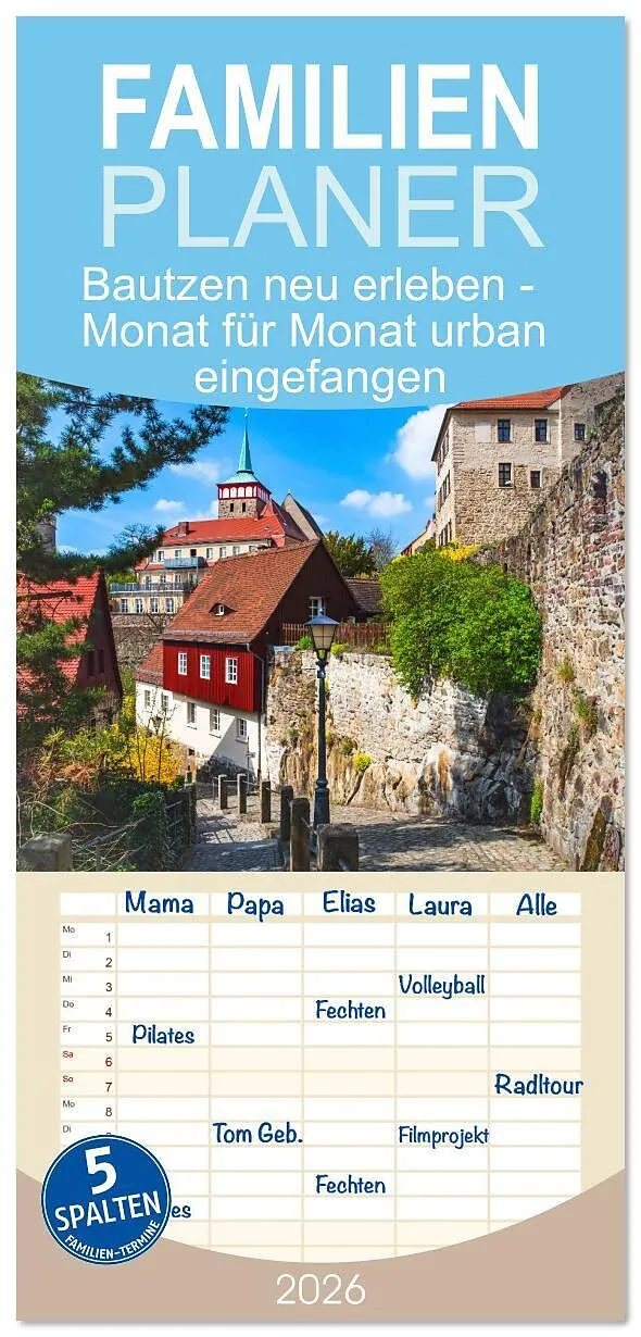 Familienplaner 2026 - Bautzen neu erleben - Monat für Monat urban eingefangen mit 5 Spalten (Wandkalender, 21 x 45 cm) CALVENDO