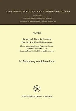Kartonierter Einband Zur Beurteilung von Subventionen von Dieter Ewringmann