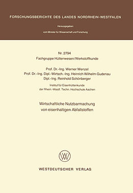 Kartonierter Einband Wirtschaftliche Nutzbarmachung von eisenhaltigen Abfallstoffen von Werner Wenzel