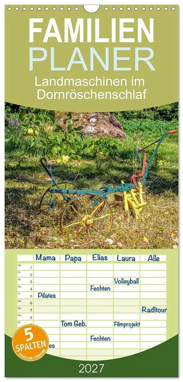 Familienplaner 2027 - Landmaschinen im Dornröschenschlaf mit 5 Spalten (Wandkalender, 21 x 45 cm) CALVENDO