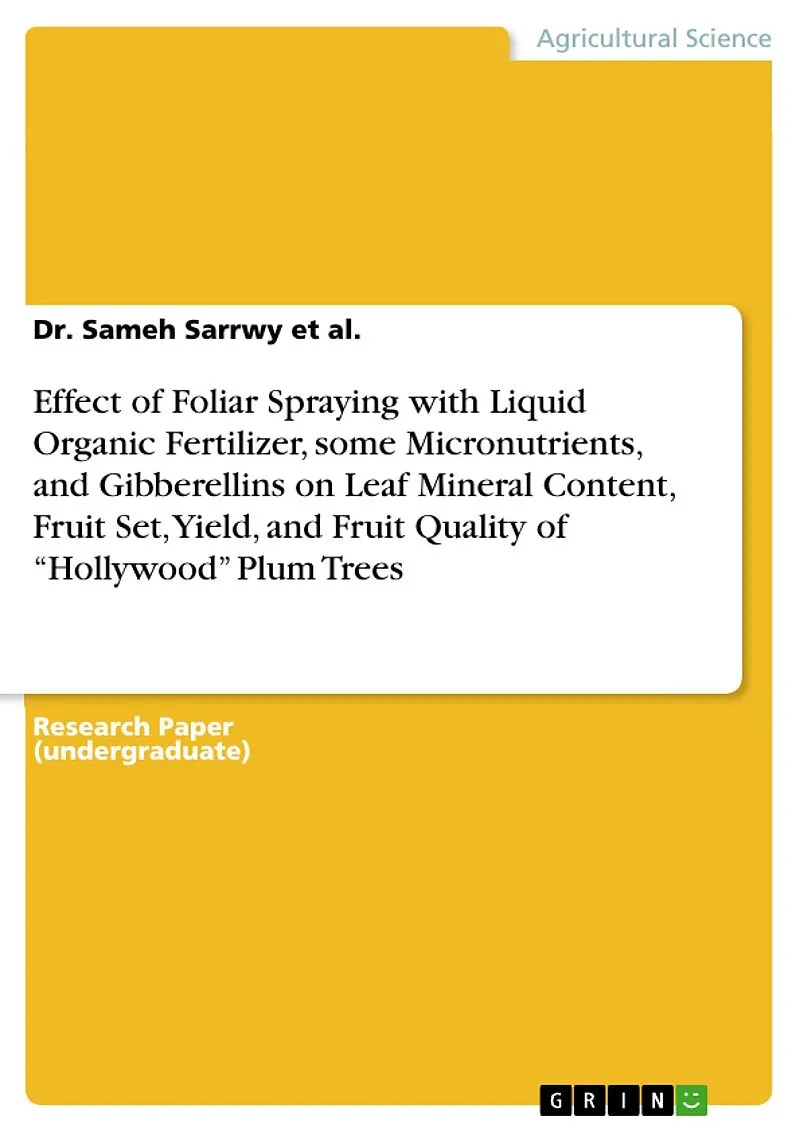 Effect of Foliar Spraying with Liquid Organic Fertilizer, some Micronutrients, and Gibberellins on Leaf Mineral Content, Fruit Set, Yield, and Fruit Quality of "Hollywood" Plum Trees