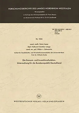 Kartonierter Einband Die Konsum- und Investitionsfunktion. Untersuchung für die Bundesrepublik Deutschland von Heinz Ismar