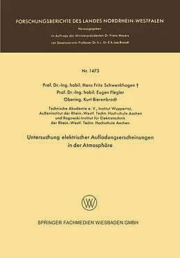 Kartonierter Einband Untersuchung elektrischer Aufladungserscheinungen in der Atmosphäre von Hans Fritz Schwenkhagen