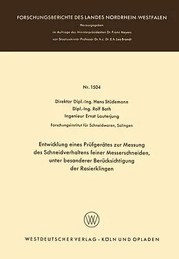 E-Book (pdf) Entwicklung eines Prüfgerätes zur Messung des Schneidverhaltens feiner Messerschneiden, unter besonderer Berücksichtigung der Rasierklingen von Hans Stüdemann