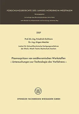E-Book (pdf) Plasmaspritzen von oxidkeramischen Werkstoffen von F. Eichhorn