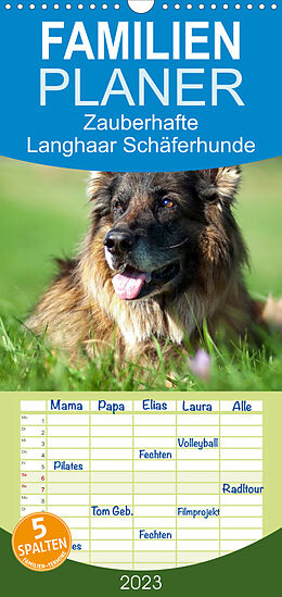 Kalender Familienplaner Zauberhafte Langhaar Schäferhunde (Wandkalender 2023 , 21 cm x 45 cm, hoch) von Petra Schiller
