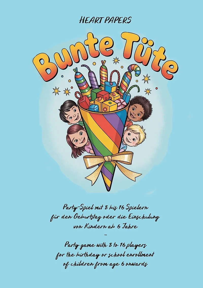 Bunte Tüte Party-Spiel mit 8 bis 16 Spielern für den Geburtstag oder die Einschulung von Kindern ab 6 Jahre - Party game with 8 to 16 players for the birthday or school enrollment of children from age 6 onwards
