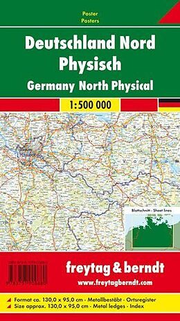 gerollte (Land)Karte Deutschland Nord physisch, metallbestäbt in Rolle von 