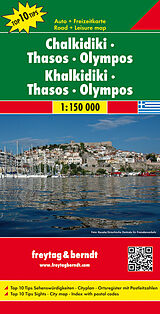 gefaltete (Land)Karte Chalkidiki - Thasos - Olympos, Autokarte 1:150.000 von 