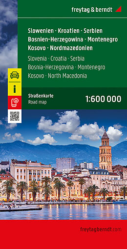 (Land)Karte Slowenien - Kroatien - Serbien - Bosnien-Herzegowina - Montenegro - Kosovo - Nordmazedonien, Straßenkarte 1:600.000, freytag &amp; berndt von 