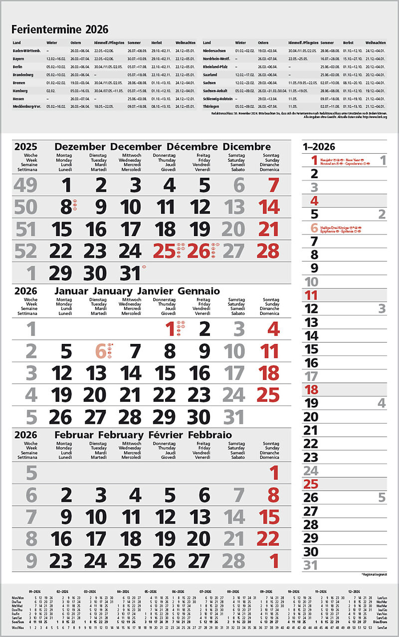 3-Monats-Planer Combi Grau 2026