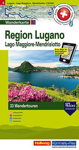 gefaltete (Land)Karte Region Lugano, Lago Maggiore, Mendrisiotto Nr. 08 Touren-Wanderkarte 1:50 000 von 