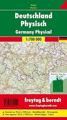 (Land)Karte Deutschland Physisch, 1:700.000, Poster metallbestäbt von 