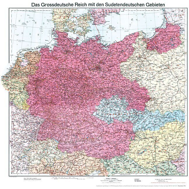 Historische Karte: Deutschland - Das Großdeutsche Reich mit dem Sudetendeutschen Gebieten, 1938 