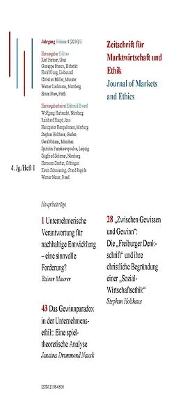 E-Book (pdf) Unternehmerische Verantwortung für nachhaltige Entwicklung  eine sinnvolle Forderung? Zwischen Gewissen und Gewinn: Die Freiburger Denkschrift und ihre christliche Begründung einer Sozial-Wirtschaftsethik Das Gewinnparadox in der Unternehmensethik: von Rainer Maurer, Stephan Holthaus, Janaina Drummond Nauck