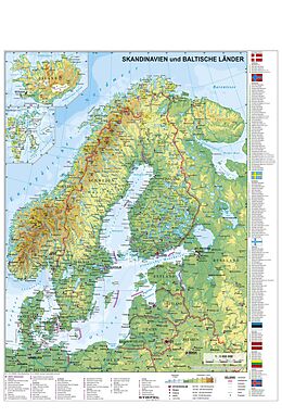 (Land)Karte Skandinavien und Baltikum physisch, Wandkarte / Poster von Heinrich Stiefel