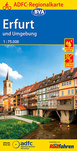(Land)Karte ADFC-Regionalkarte Erfurt und Umgebung, 1:75.000, mit Tagetourenvorschlägen, reiß- und wetterfest, E-Bike-geeignet, GPS-Tracks Download von 