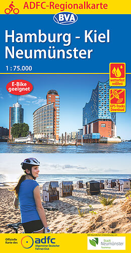 (Land)Karte ADFC-Regionalkarte Hamburg/Neumünster/Kiel, 1:75.000, mit Tagestourenvorschlägen, reiß- und wetterfest, E-Bike-geeignet, mit GPS-Tracks-Download von 