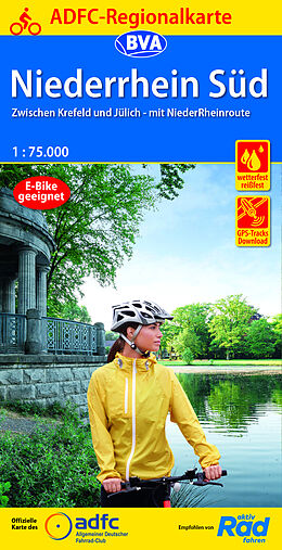 (Land)Karte ADFC-Regionalkarte Niederrhein Süd, 1:75.000, mit Tagestourenvorschlägen, reiß- und wetterfest, E-Bike-geeignet, mit Knotenpunkten, GPS-Tracks-Download von 