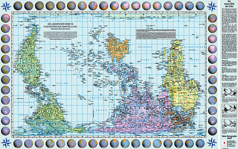 Weltkarte Petersprojektion, Up-side down deutsch (ca. 82,5 x 52,3 cm)