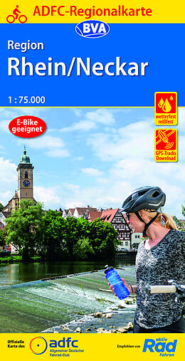 (Land)Karte ADFC-Regionalkarte Region Rhein/Neckar, 1:75.000, mit Tagestourenvorschlägen, reiß- und wetterfest, E-Bike-geeignet, GPS-Tracks Download von 