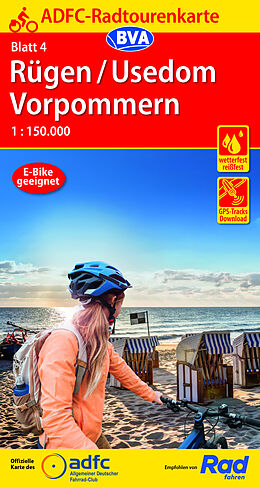 (Land)Karte ADFC-Radtourenkarte 4 Rügen/Usedom Vorpommern 1:150.000, reiß- und wetterfest, E-Bike geeignet, GPS-Tracks Download von 