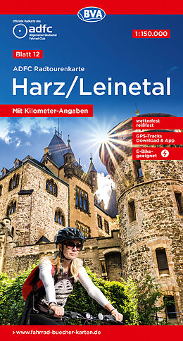 (Land)Karte ADFC-Radtourenkarte 12 Harz /Leinetal 1:150.000, reiß- und wetterfest, E-Bike geeignet, GPS-Tracks Download, mit Bett+Bike Symbolen, mit Kilometer-Angaben von 