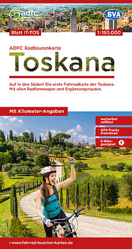 gefaltete (Land)Karte ADFC-Radtourenkarte IT-TOS Toskana 1:150.000, reiß- und wetterfest, E-Bike geeignet, GPS-Tracks Download, mit Bett+Bike Symbolen, mit Kilometer-Angaben von 